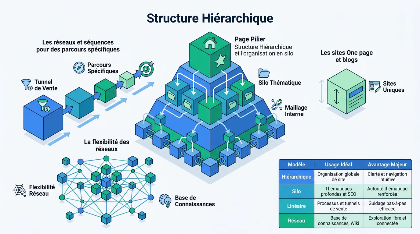 Infographie des 4 modèles d'arborescence de site web : hiérarchique, silo, linéaire et réseau