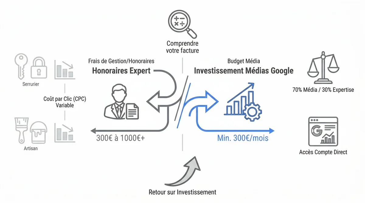 Répartition entre le budget média Google Ads et les frais de gestion d'agence pour une TPE