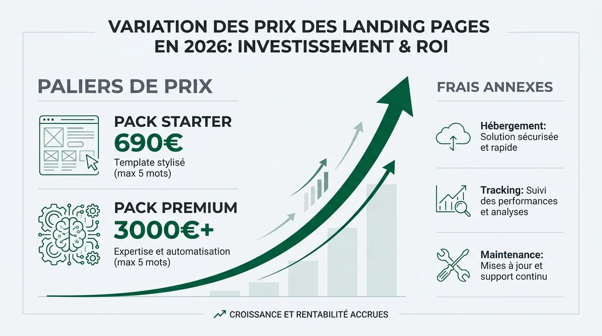 Paliers de prix d'une landing page en 2026 et frais annexes : hébergement, suivi, maintenance