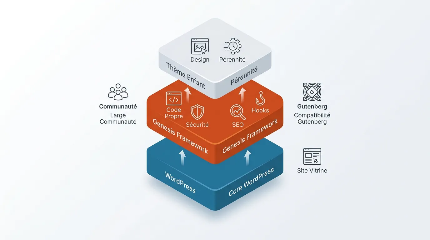 Schéma de la structure technique et de l'architecture du framework Genesis pour WordPress